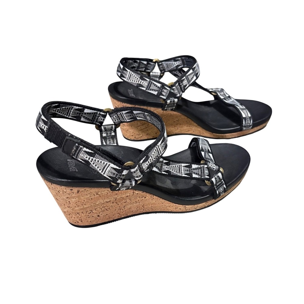 Teva Zirra Wedge Sandals Women 8 Black White Cork Geometric Strappy EUC - Picture 3 of 6